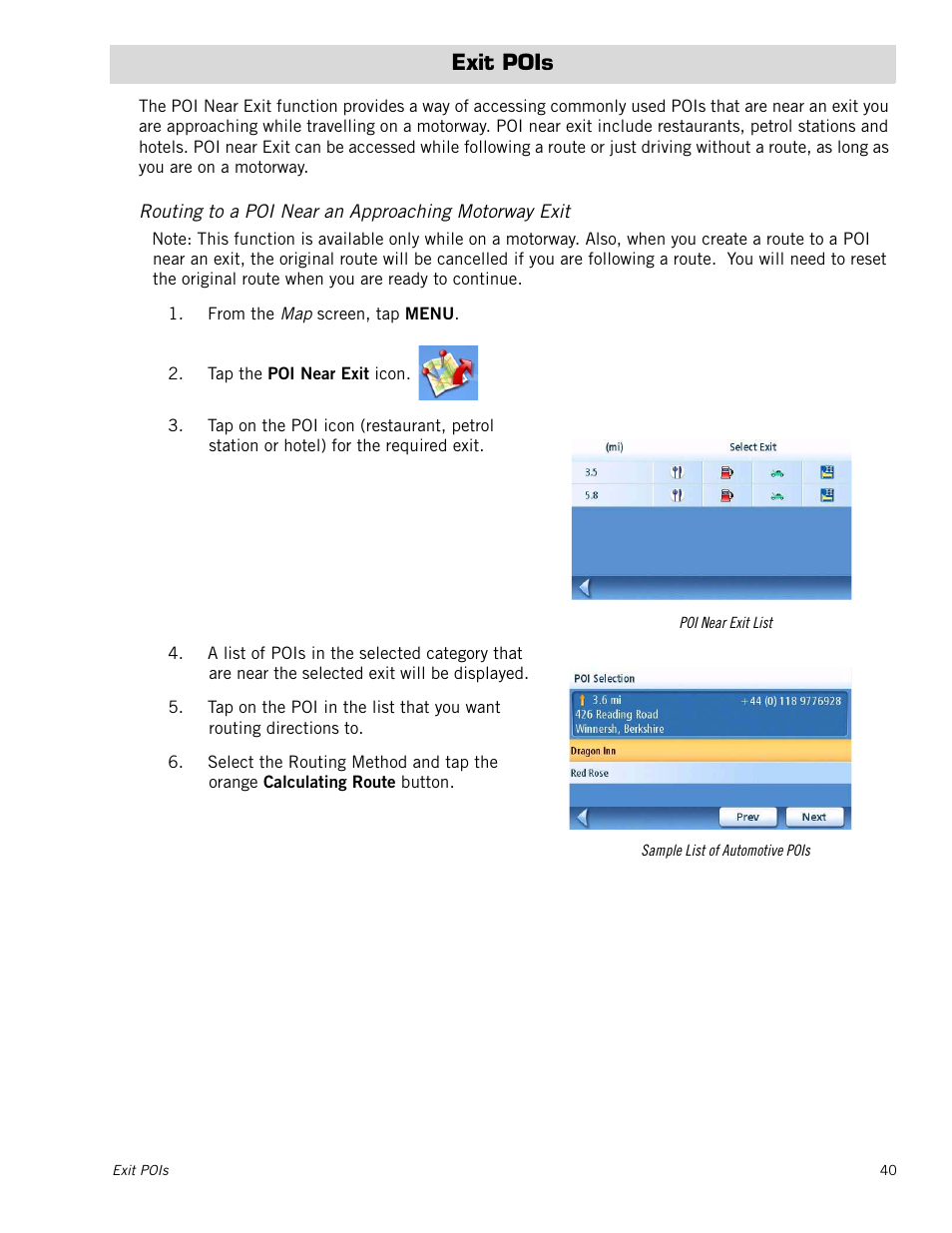 M_chaptertitle - exit pois, Exit pois, Routing to a poi near an approaching motorway exit | Magellan Maestro 4215 User Manual | Page 48 / 59