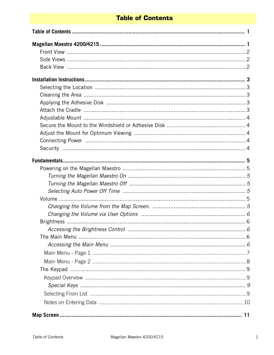 M_chaptertitle - table of contents | Magellan Maestro 4215 User Manual | Page 5 / 59