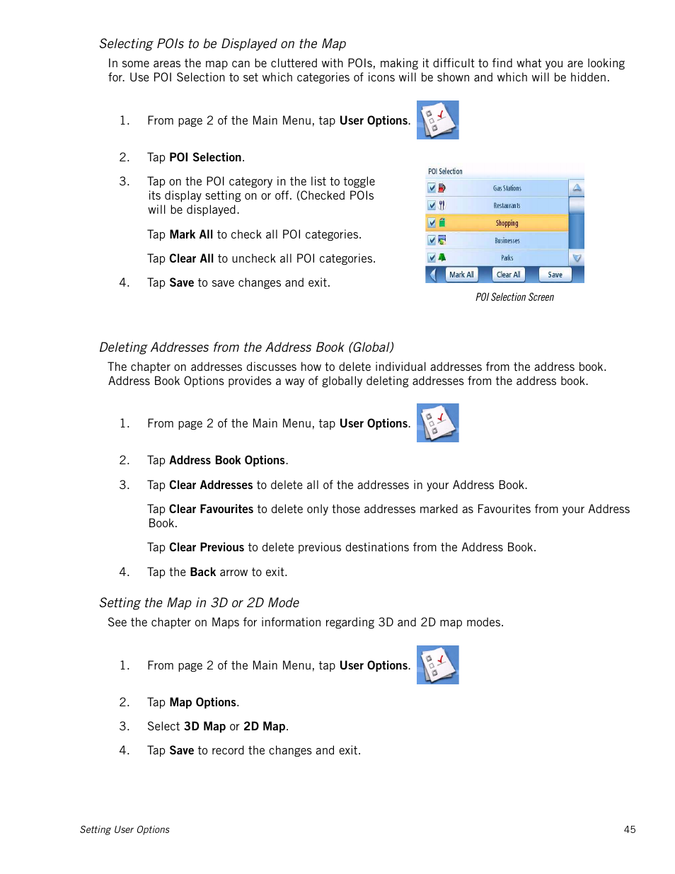 M_instheader - setting the map in 3d or 2d mode, Selecting pois to be displayed on the map, Deleting addresses from the address book (global) | Setting the map in 3d or 2d mode | Magellan Maestro 4215 User Manual | Page 53 / 59
