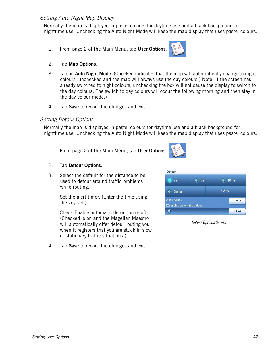 M_instheader - setting auto night map display, M_instheader - setting detour options, Setting auto night map display | Setting detour options | Magellan Maestro 4215 User Manual | Page 55 / 59