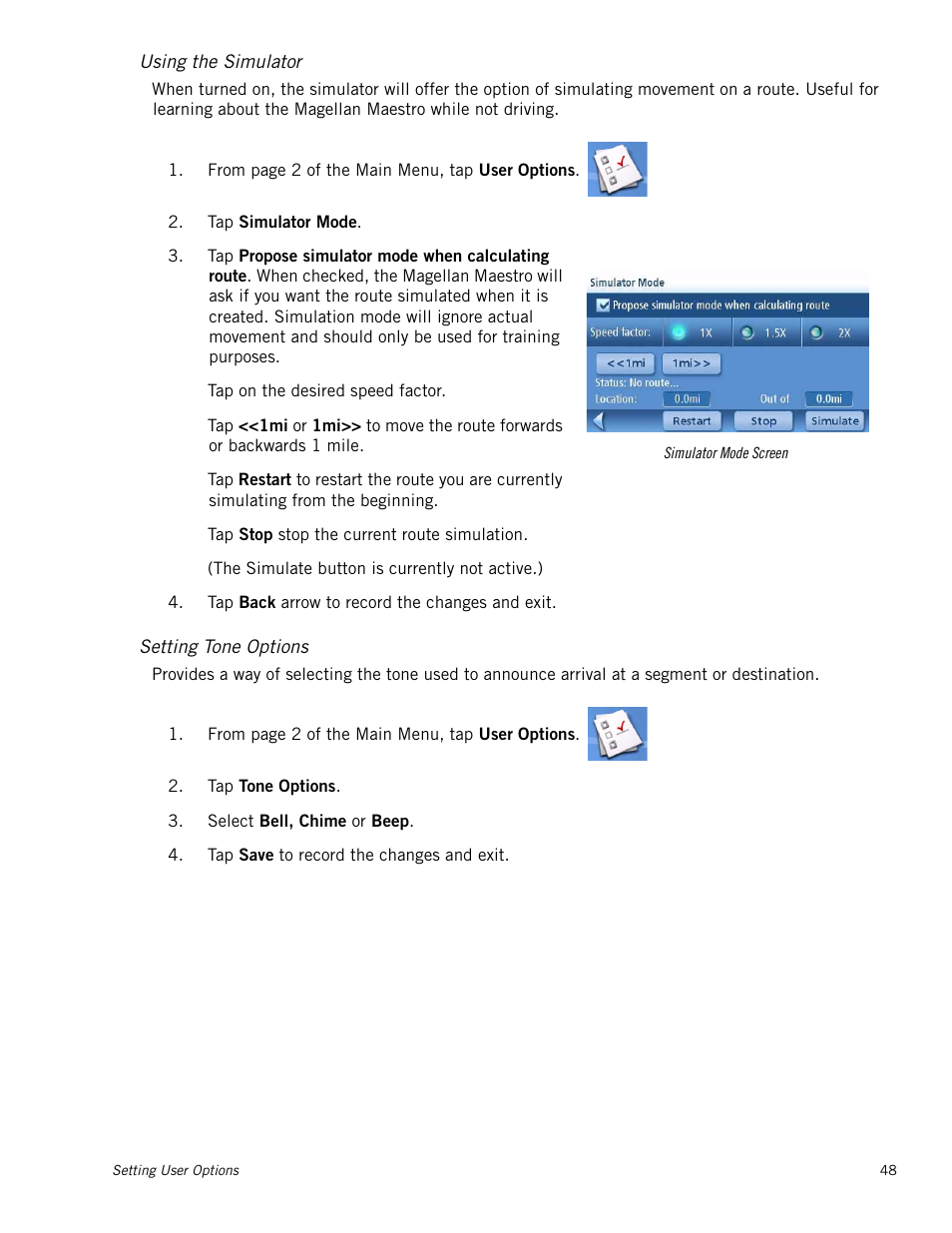 M_instheader - using the simulator, M_instheader - setting tone options, Using the simulator | Setting tone options | Magellan Maestro 4215 User Manual | Page 56 / 59