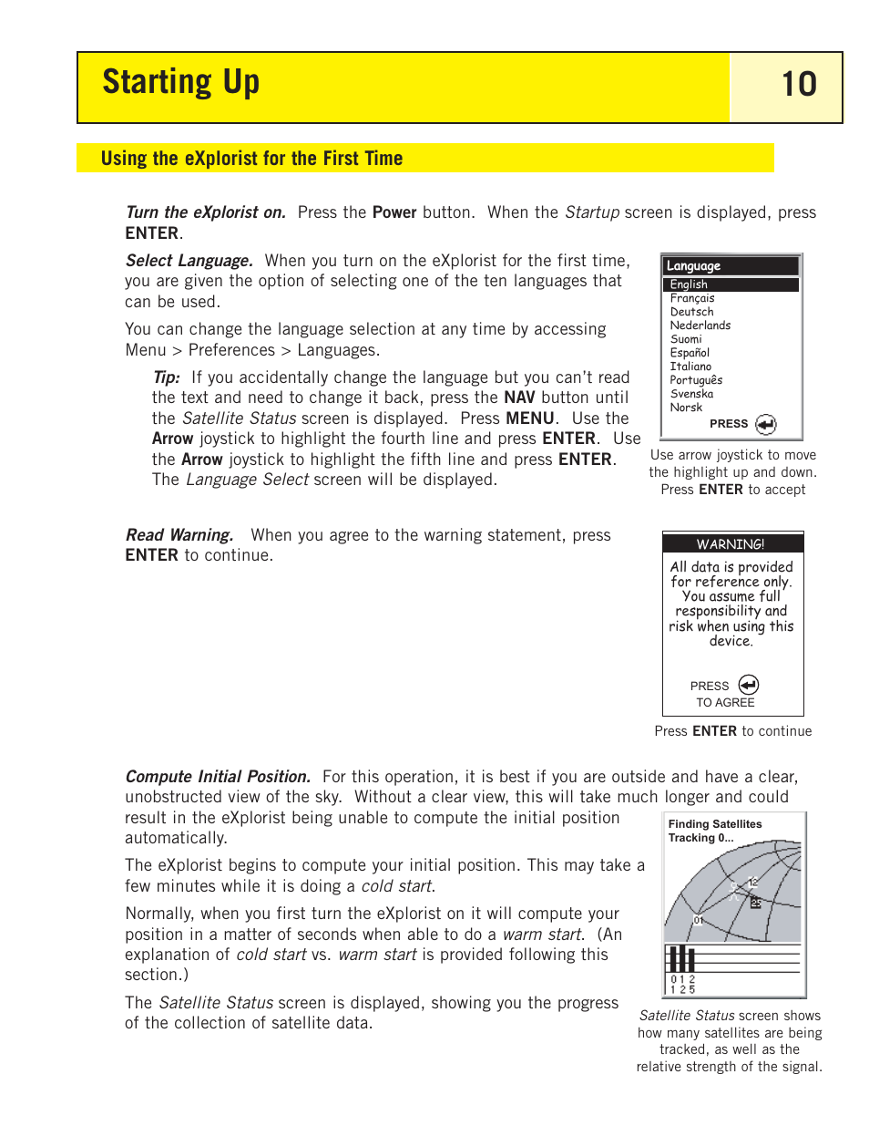 Using the explorist for the first time, Starting up 10 | Magellan eXplorist 200 User Manual | Page 15 / 83