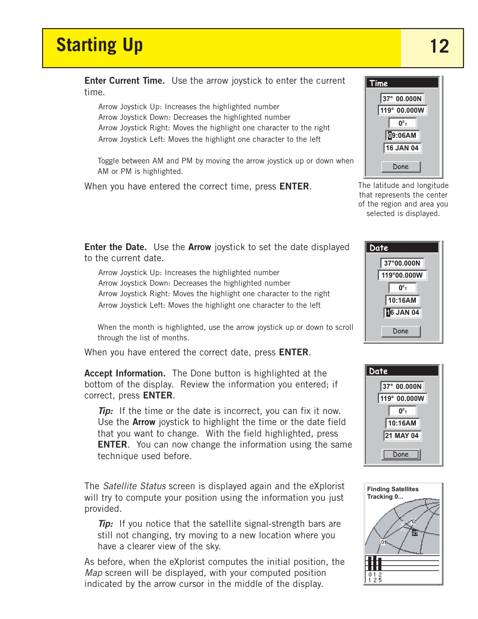 Starting up 12, Satellite status | Magellan eXplorist 200 User Manual | Page 17 / 83