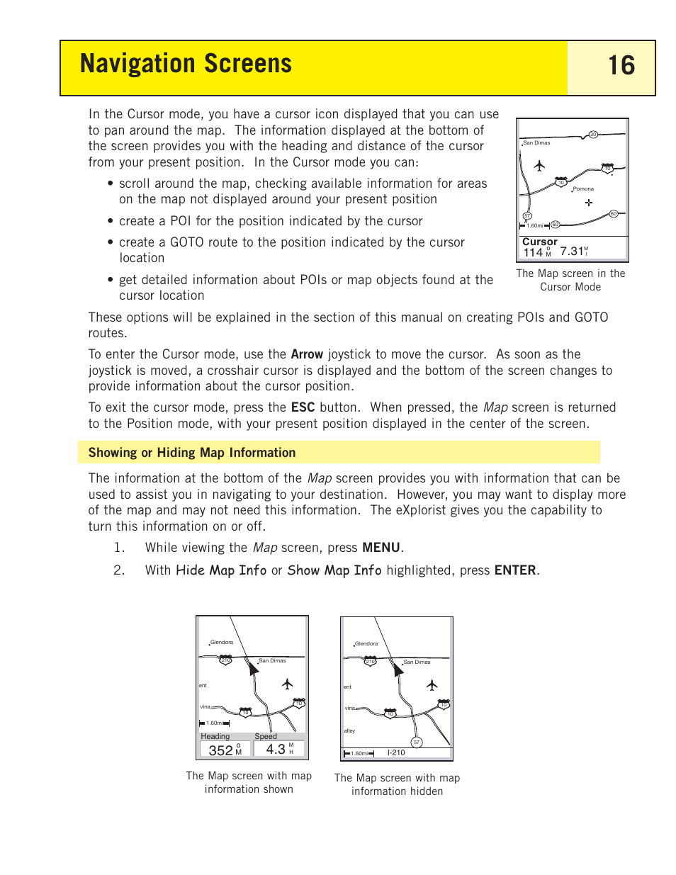 Showing or hiding map information, Navigation screens 16 | Magellan eXplorist 200 User Manual | Page 21 / 83