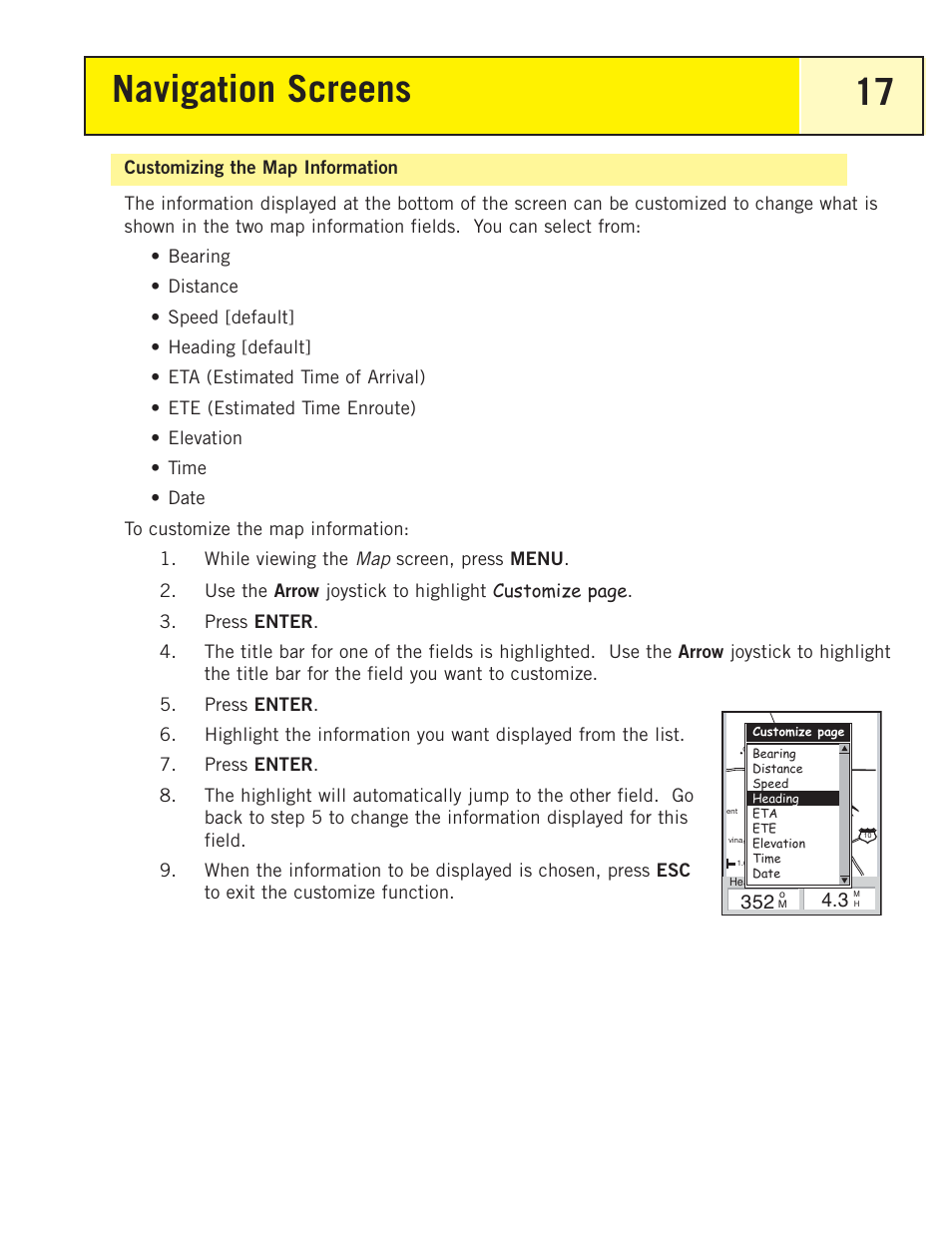 Customizing the map information, Navigation screens 17 | Magellan eXplorist 200 User Manual | Page 22 / 83
