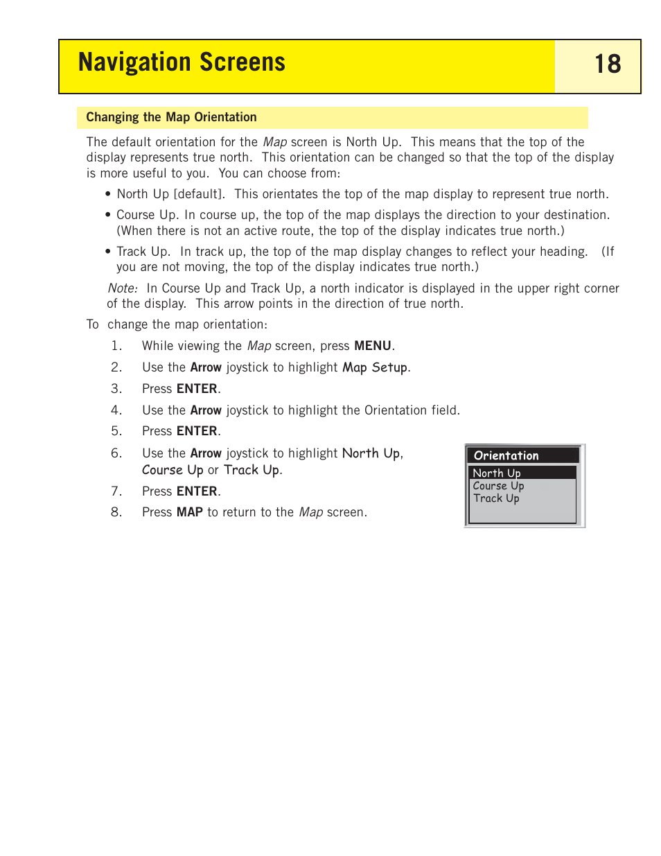 Changing the map orientation, Navigation screens 18 | Magellan eXplorist 200 User Manual | Page 23 / 83