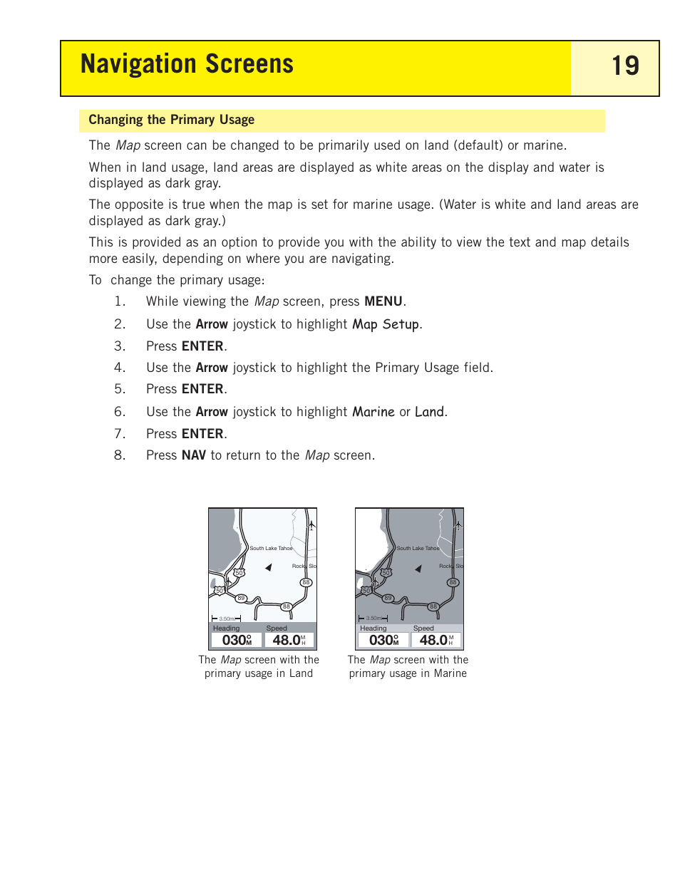 Changing the primary usage, Navigation screens 19 | Magellan eXplorist 200 User Manual | Page 24 / 83