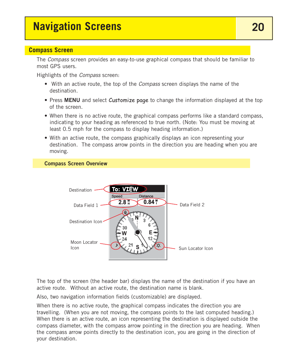 Compass screen, Compass screen overview, Navigation screens 20 | Magellan eXplorist 200 User Manual | Page 25 / 83