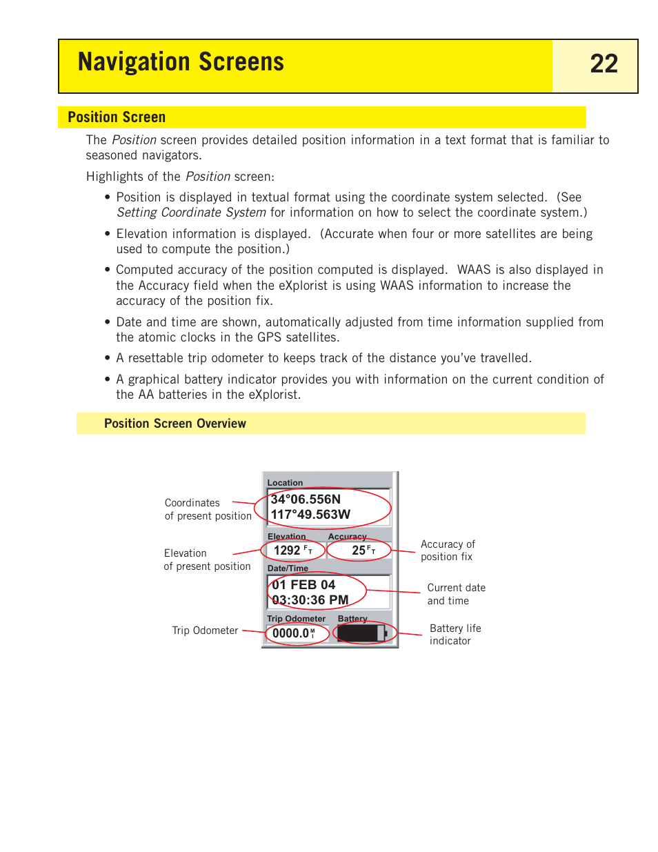Position screen, Position screen overview, Navigation screens 22 | Magellan eXplorist 200 User Manual | Page 27 / 83