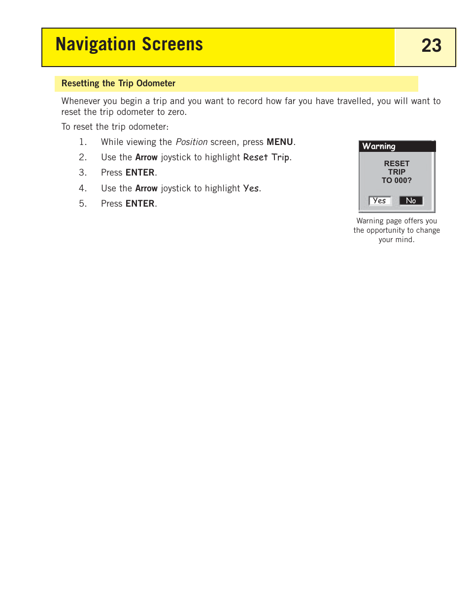 Resetting the trip odometer, Navigation screens 23 | Magellan eXplorist 200 User Manual | Page 28 / 83
