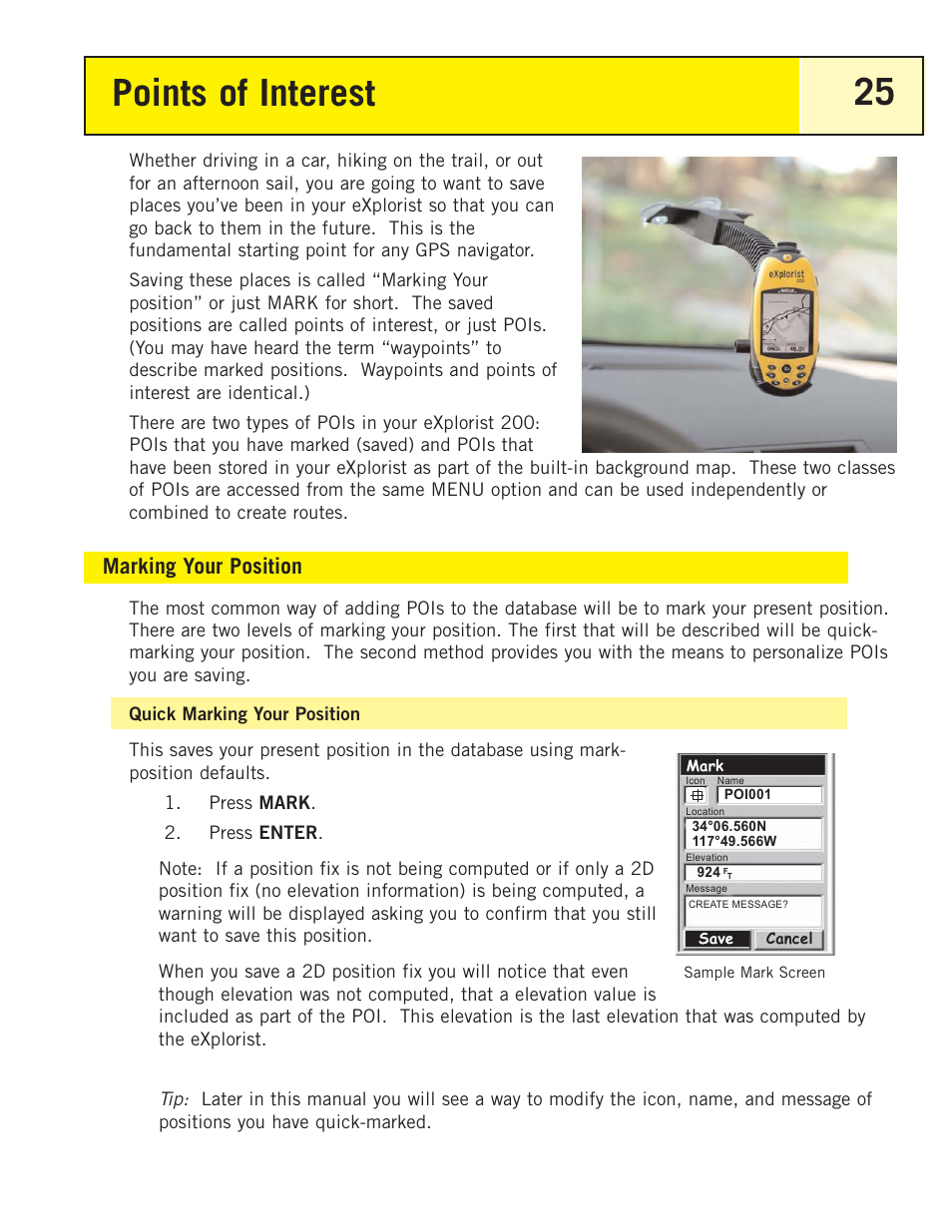 Points of interest, Marking your position, Quick marking your position | Quick-marking your position | Magellan eXplorist 200 User Manual | Page 30 / 83