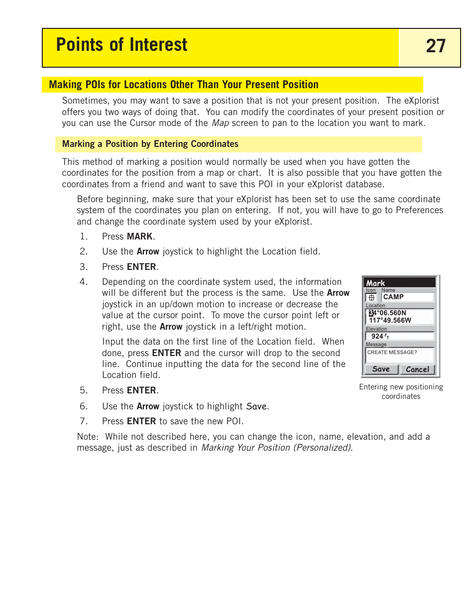 Marking a position by entering coordinates, Points of interest 27 | Magellan eXplorist 200 User Manual | Page 32 / 83