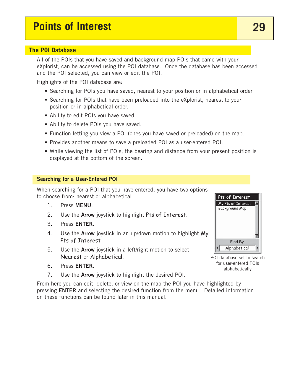 The poi database, Searching for a user-entered poi, Points of interest 29 | Magellan eXplorist 200 User Manual | Page 34 / 83
