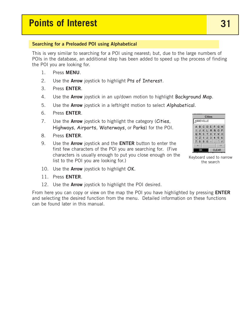 Searching for a preloaded poi using alphabetical, Points of interest 31 | Magellan eXplorist 200 User Manual | Page 36 / 83