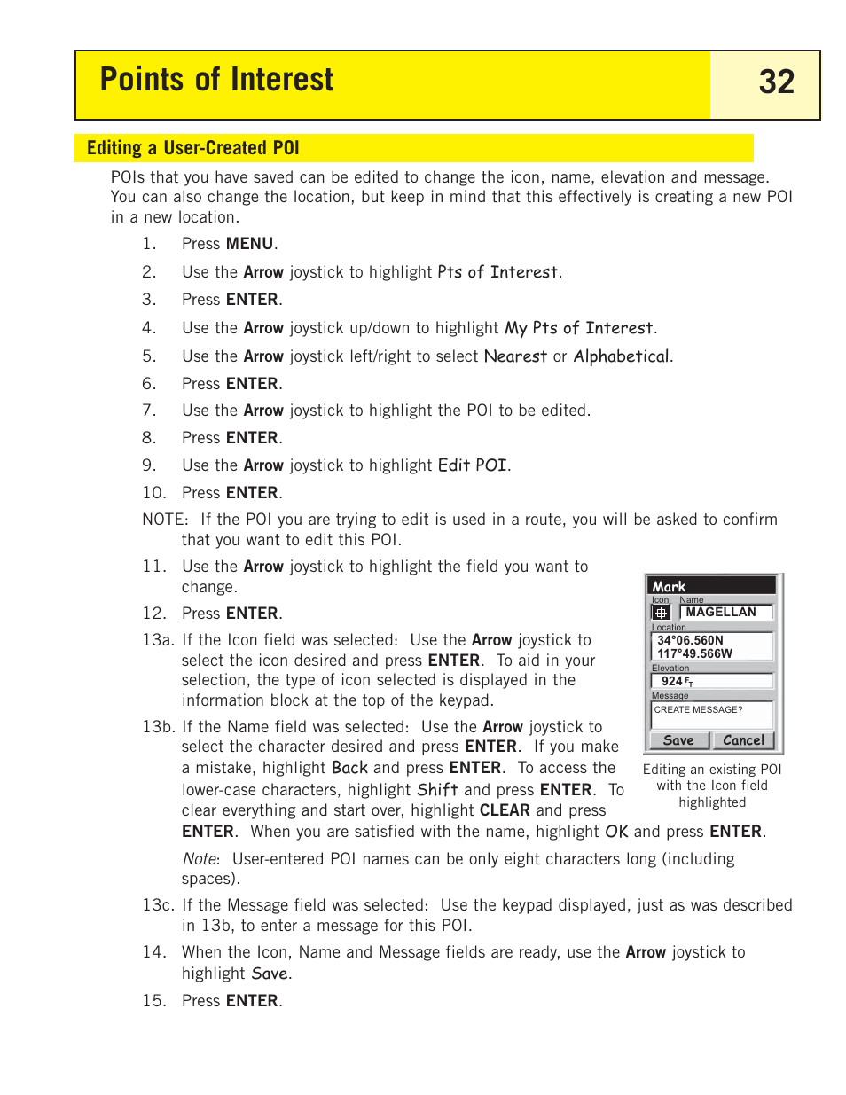 Editing a user-created poi, Points of interest 32 | Magellan eXplorist 200 User Manual | Page 37 / 83