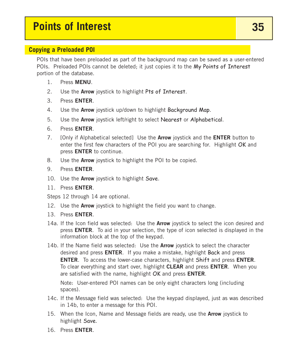 Copying a preloaded poi, Points of interest 35 | Magellan eXplorist 200 User Manual | Page 40 / 83