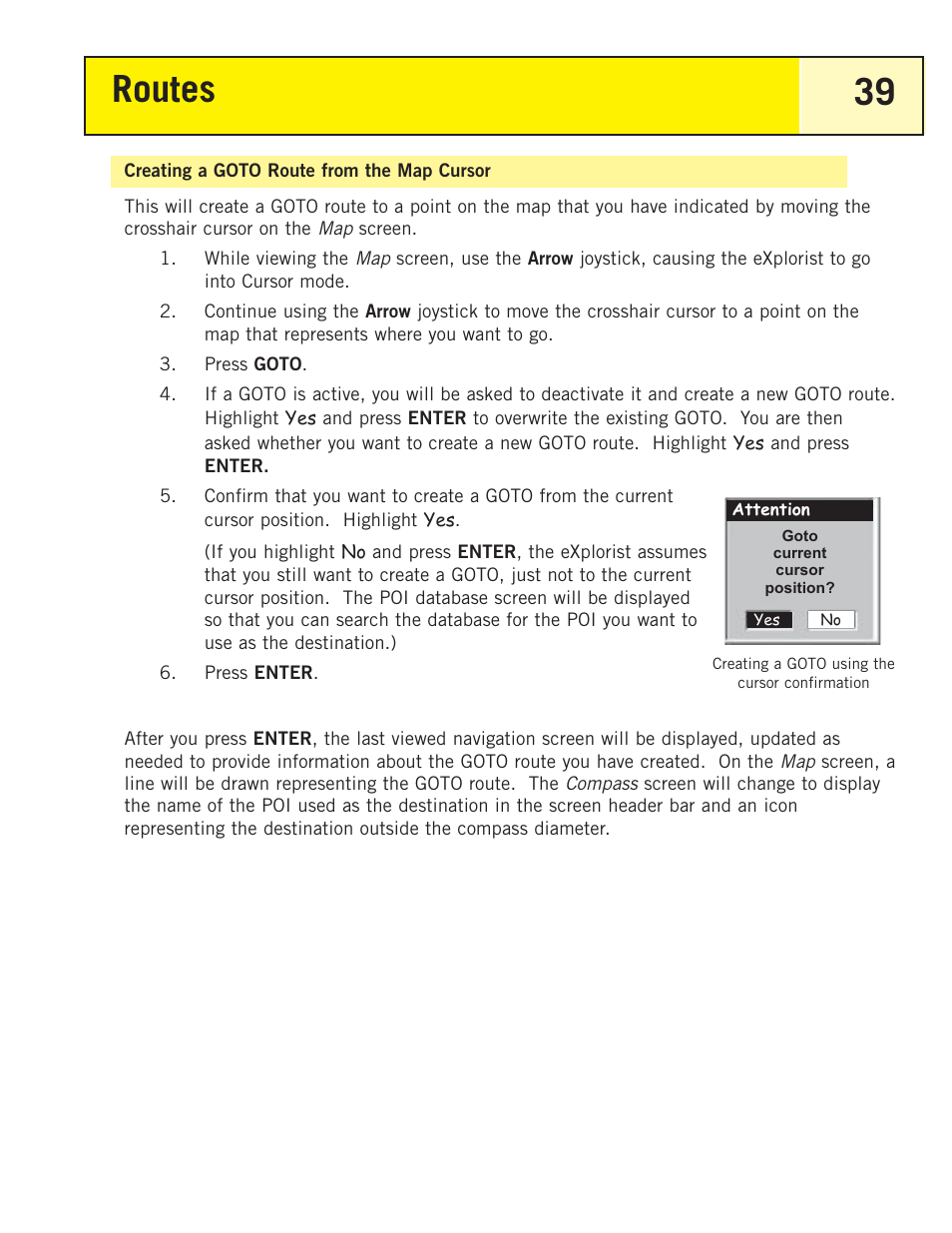 Creating a goto route from the map cursor, Routes 39 | Magellan eXplorist 200 User Manual | Page 44 / 83