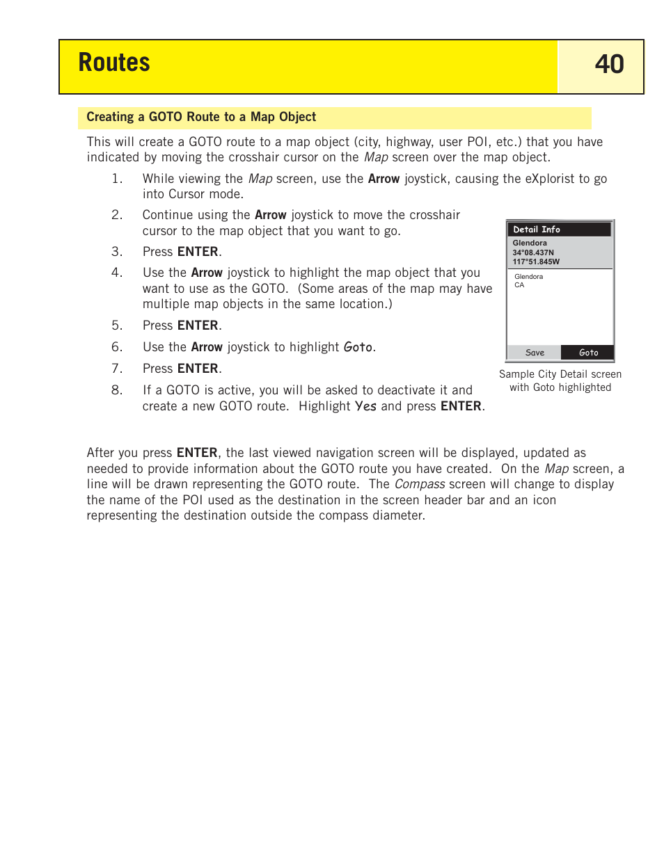 Creating a goto route to a map object, Routes 40 | Magellan eXplorist 200 User Manual | Page 45 / 83