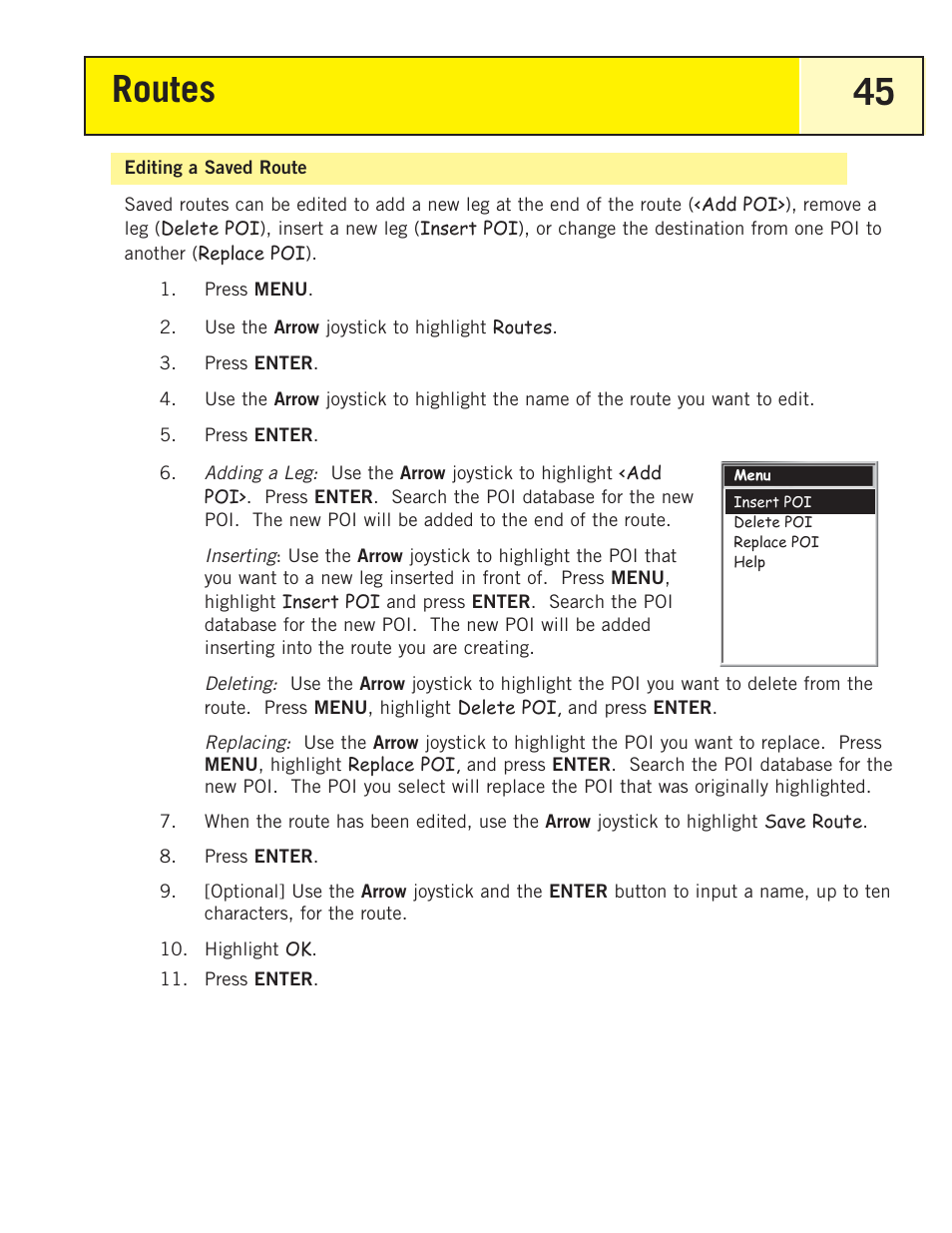 Editing a saved route, Routes 45 | Magellan eXplorist 200 User Manual | Page 50 / 83