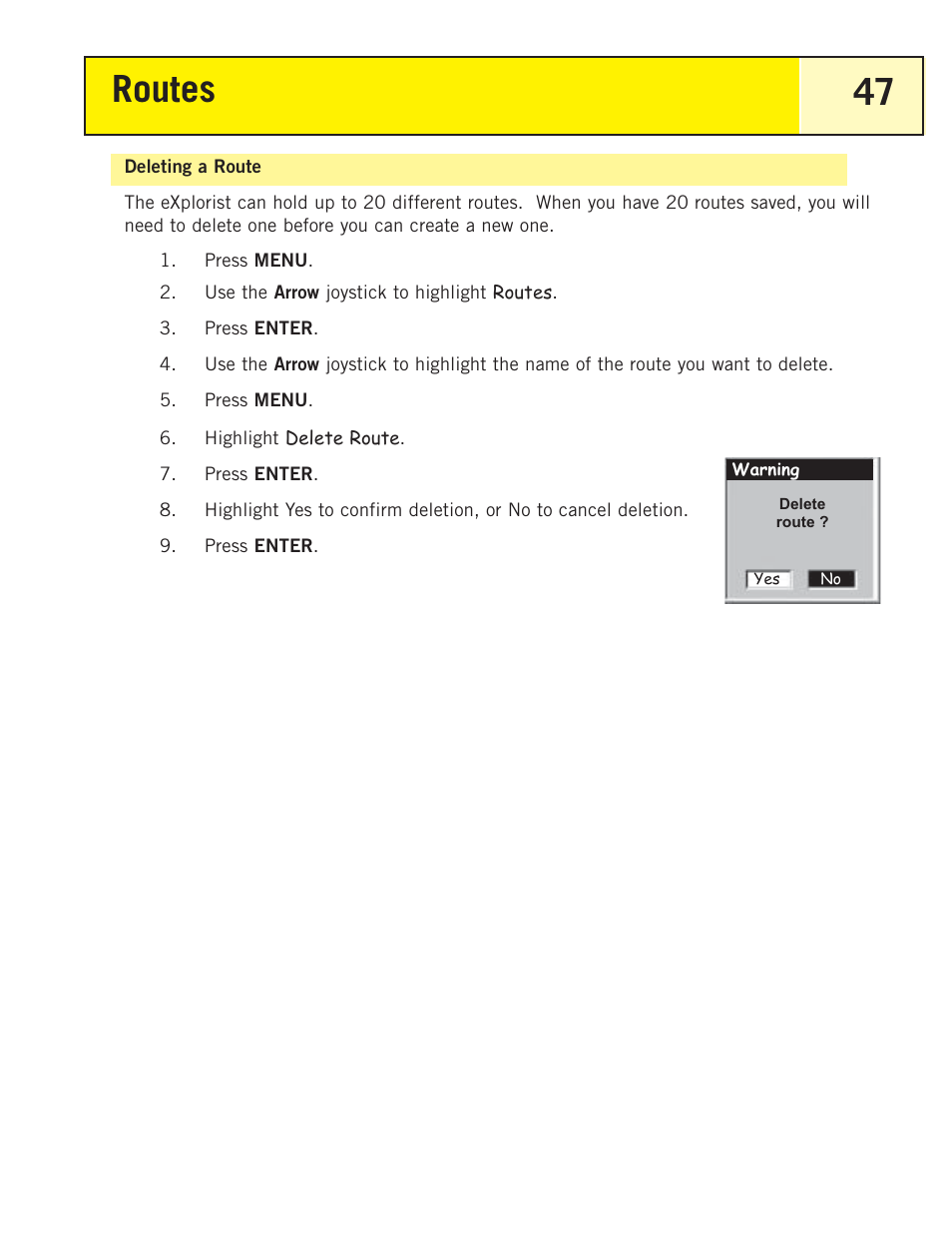 Deleting a route, Routes 47 | Magellan eXplorist 200 User Manual | Page 52 / 83