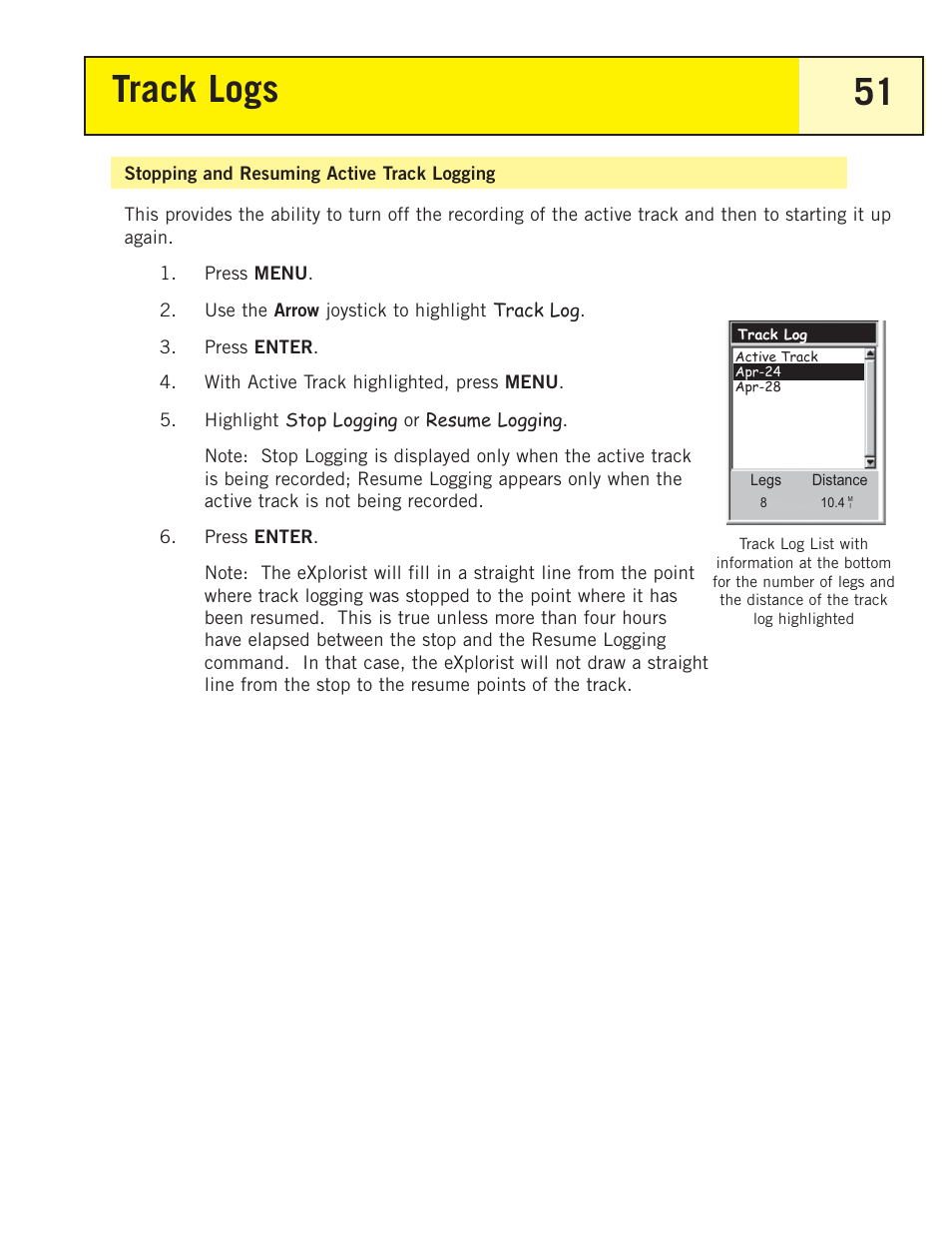 Stopping and resuming active track logging, Track logs 51 | Magellan eXplorist 200 User Manual | Page 56 / 83