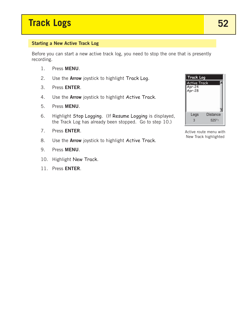 Starting a new active track log, Track logs 52 | Magellan eXplorist 200 User Manual | Page 57 / 83