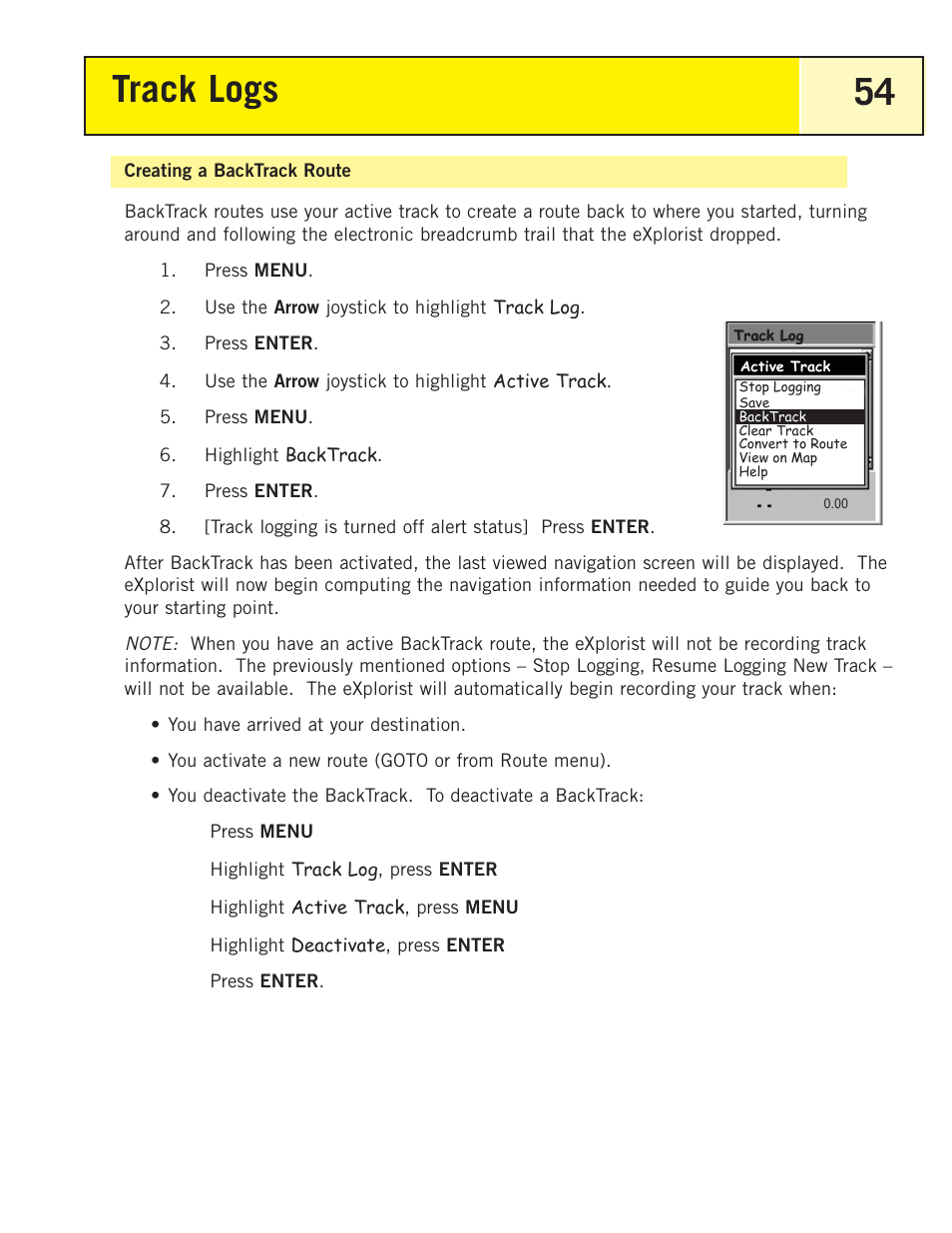 Creating a backtrack route, Track logs 54 | Magellan eXplorist 200 User Manual | Page 59 / 83