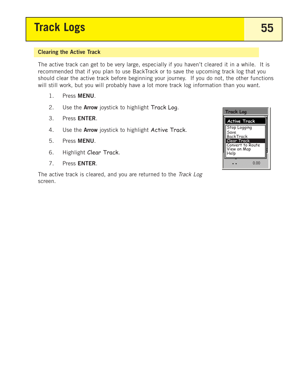 Clearing the active track, Track logs 55 | Magellan eXplorist 200 User Manual | Page 60 / 83