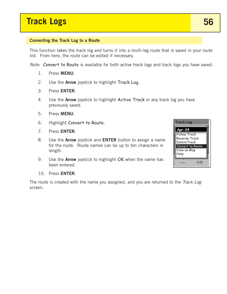 Converting the track log to a route, Track logs 56 | Magellan eXplorist 200 User Manual | Page 61 / 83