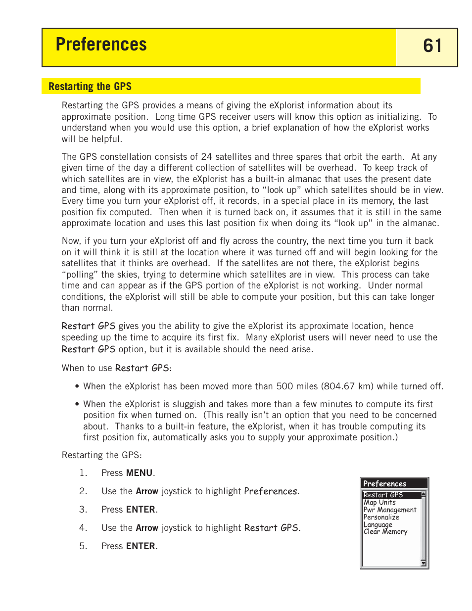 Restarting the gps, Preferences 61 | Magellan eXplorist 200 User Manual | Page 66 / 83