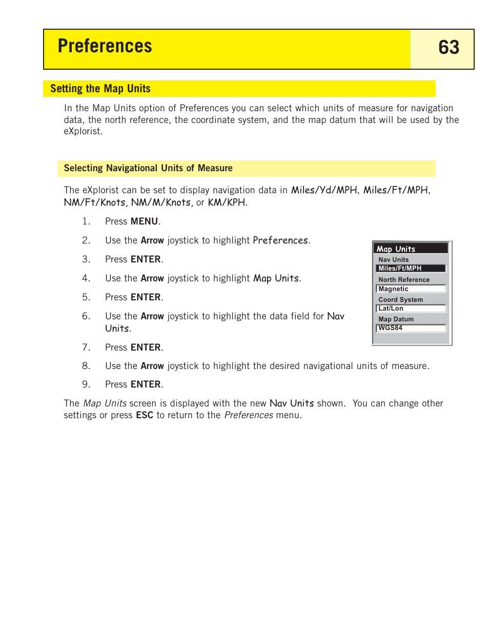 Setting the map units, Selecting navigational units of measure, Preferences 63 | Magellan eXplorist 200 User Manual | Page 68 / 83