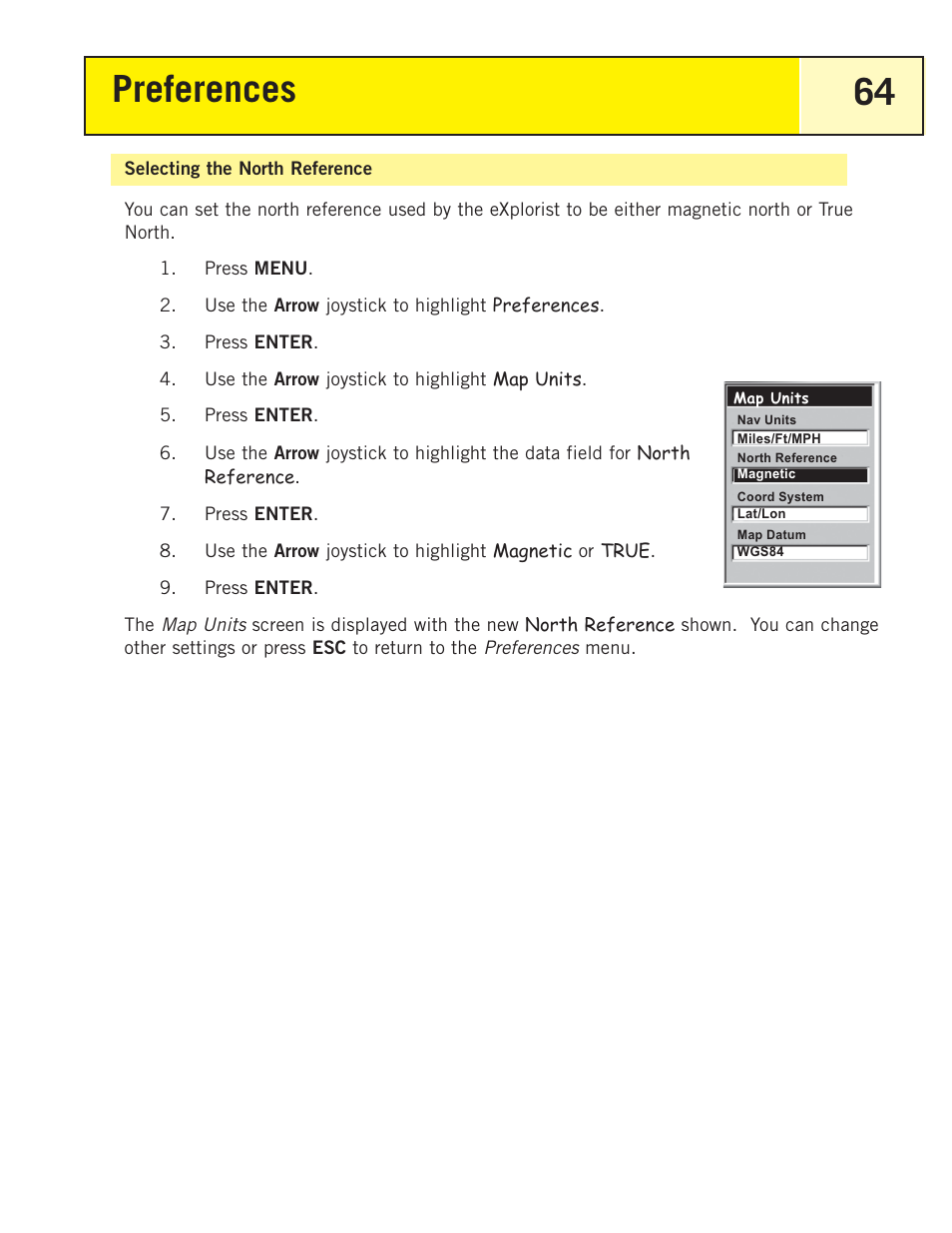 Selecting the north reference, Preferences 64 | Magellan eXplorist 200 User Manual | Page 69 / 83