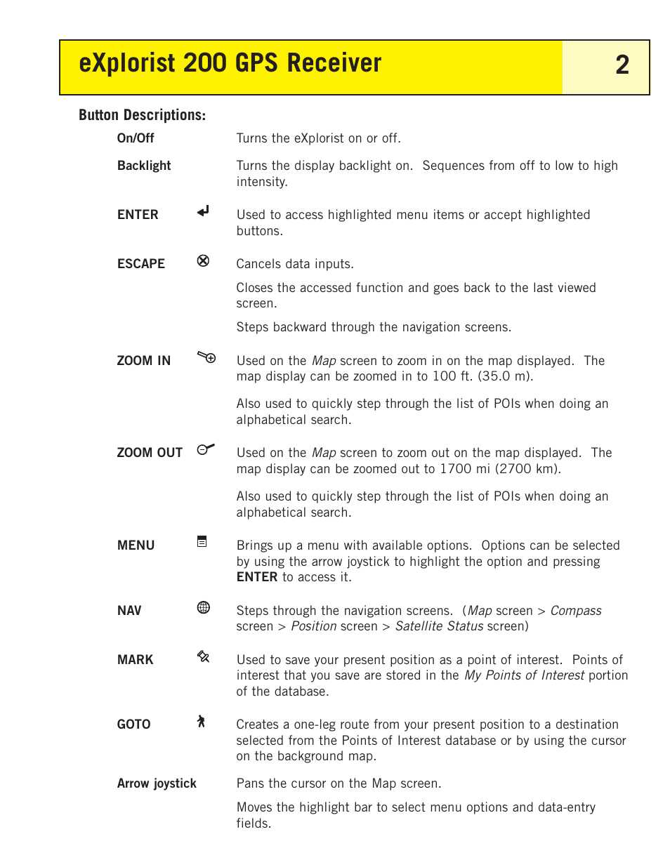 Button descriptions, Explorist 200 gps receiver 2 | Magellan eXplorist 200 User Manual | Page 7 / 83