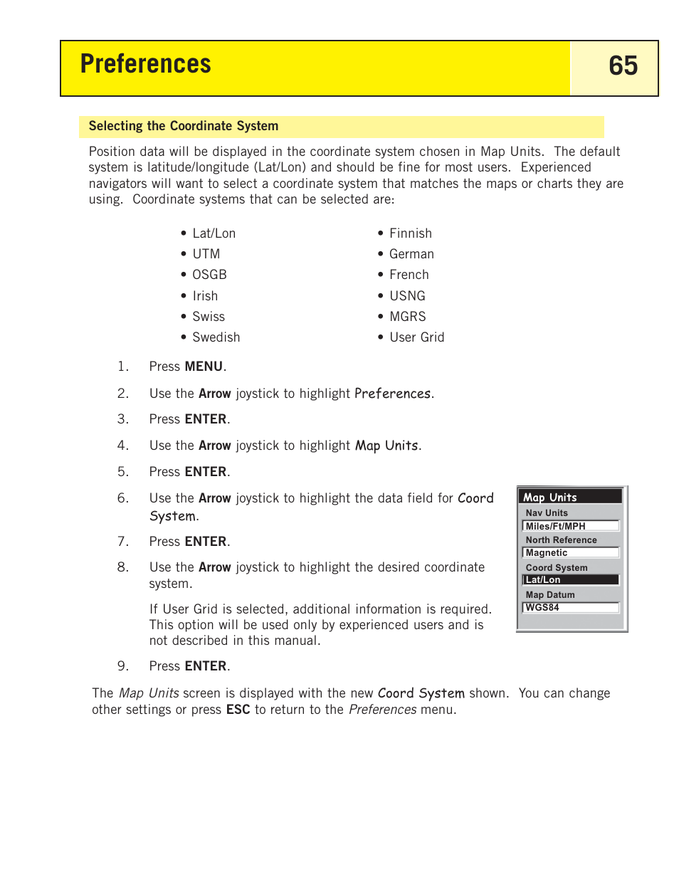 Selecting the coordinate system, Preferences 65 | Magellan eXplorist 200 User Manual | Page 70 / 83