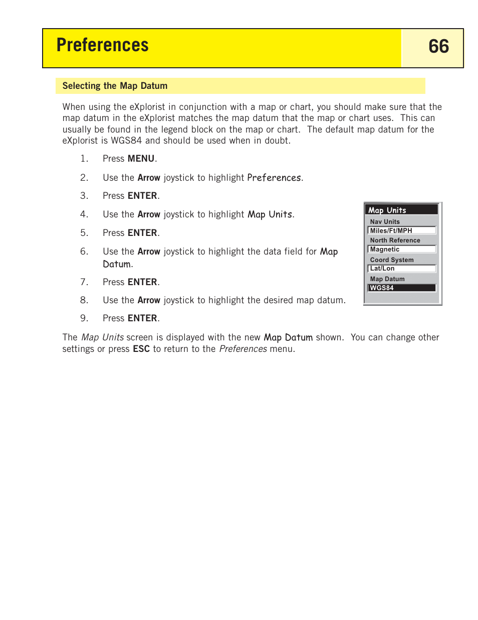 Selecting the map datum, Preferences 66 | Magellan eXplorist 200 User Manual | Page 71 / 83
