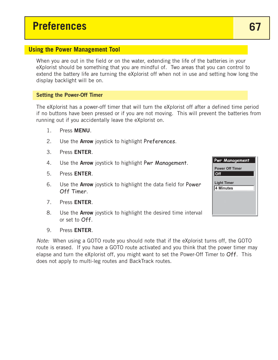 Using the power management tool, Setting the power-off timer, Preferences 67 | Magellan eXplorist 200 User Manual | Page 72 / 83