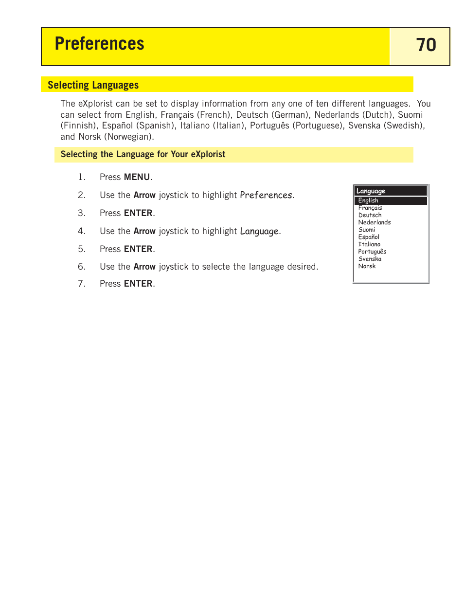 Selecting languages, Selecting the language for your explorist, Preferences 70 | Magellan eXplorist 200 User Manual | Page 75 / 83