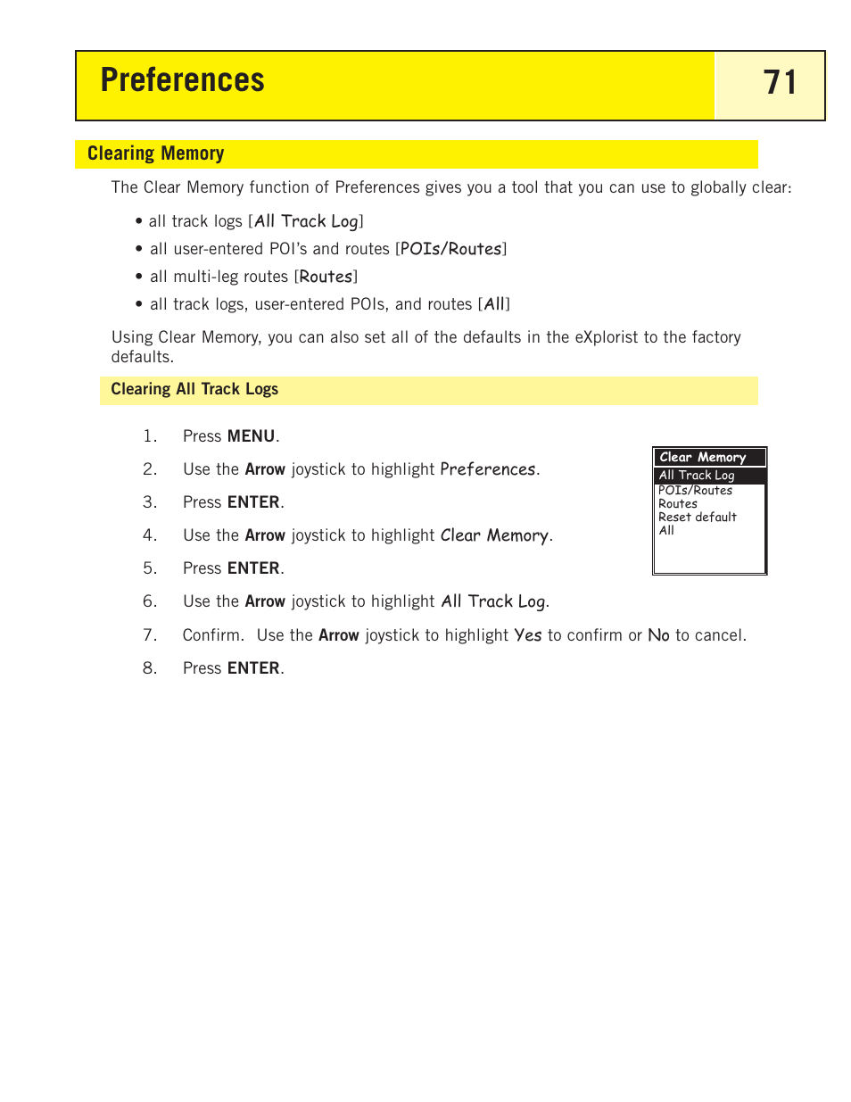 Clearing memory, Clearing all track logs, Preferences 71 | Magellan eXplorist 200 User Manual | Page 76 / 83