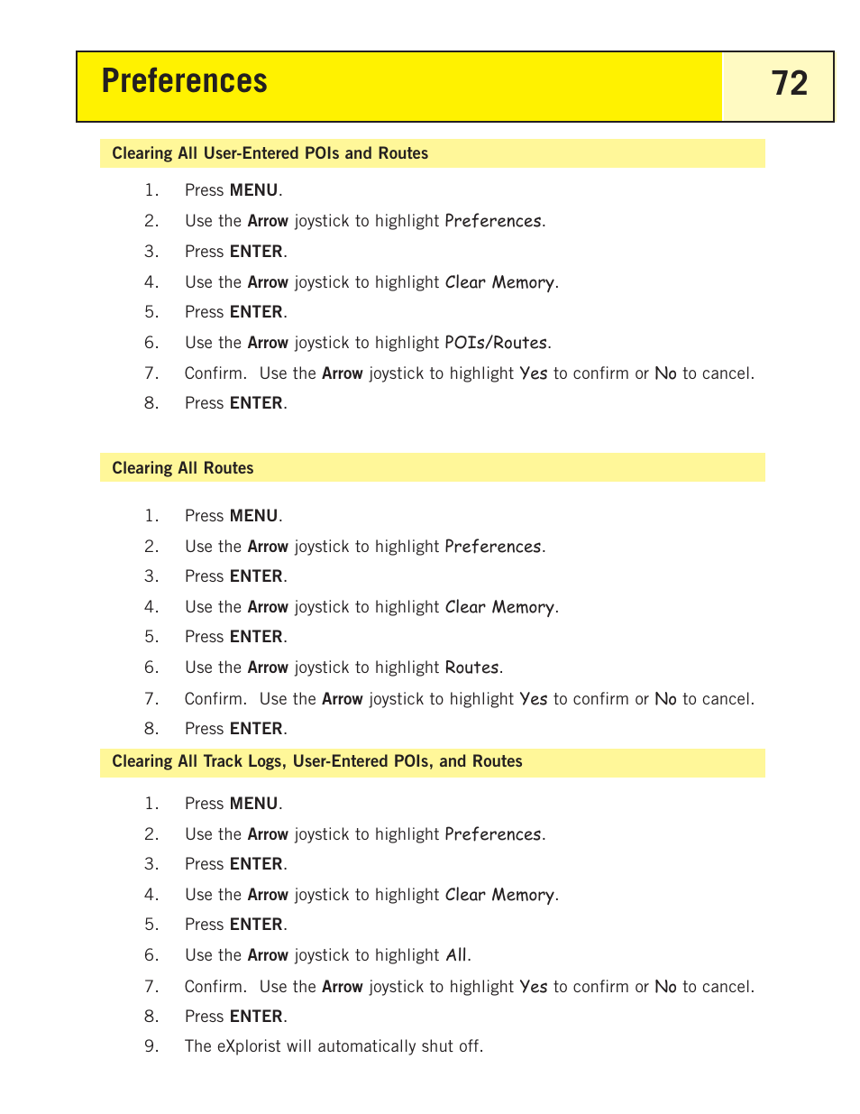 Clearing all user-entered pois and routes, Clearing all routes, Preferences 72 | Magellan eXplorist 200 User Manual | Page 77 / 83