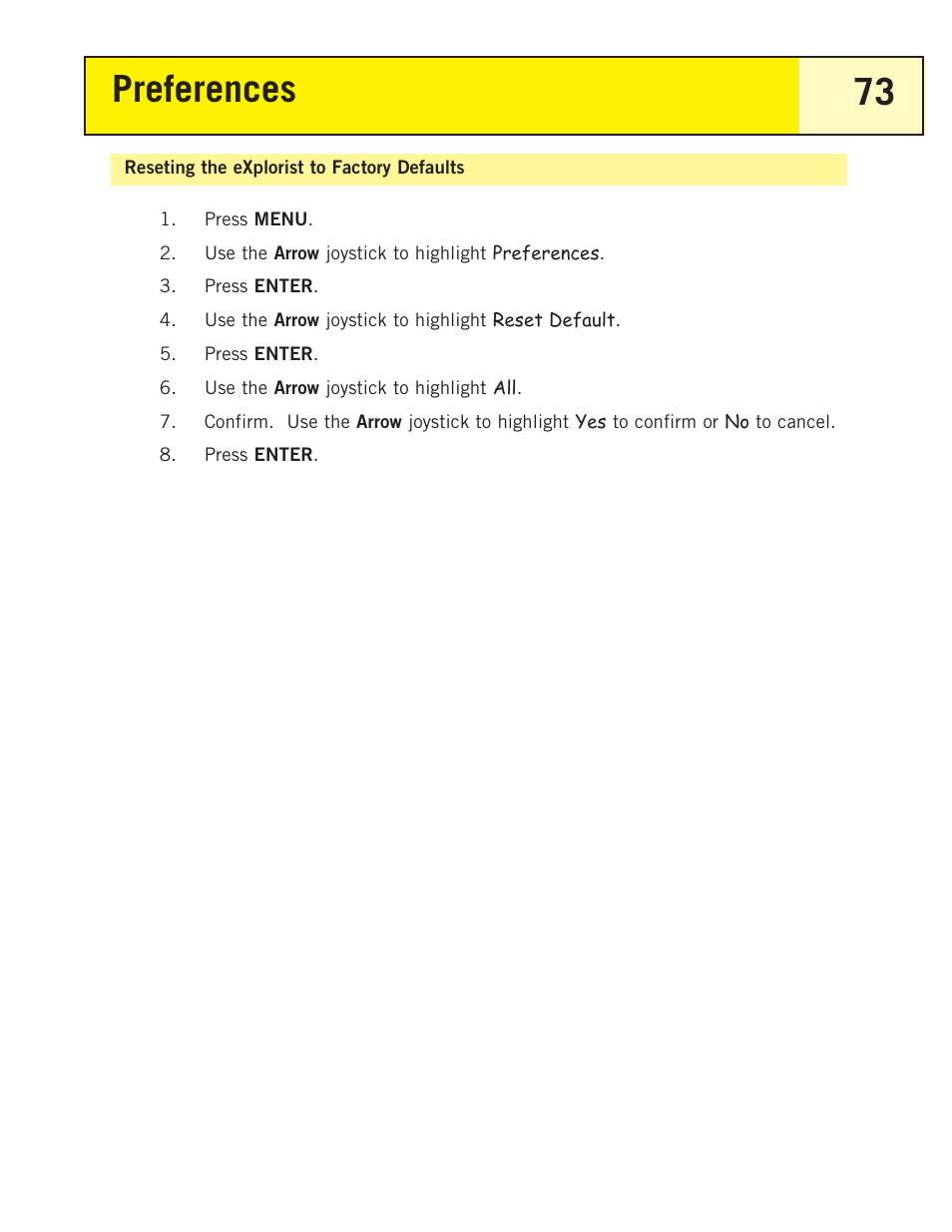 Reseting the explorist to factory defaults, Preferences 73 | Magellan eXplorist 200 User Manual | Page 78 / 83