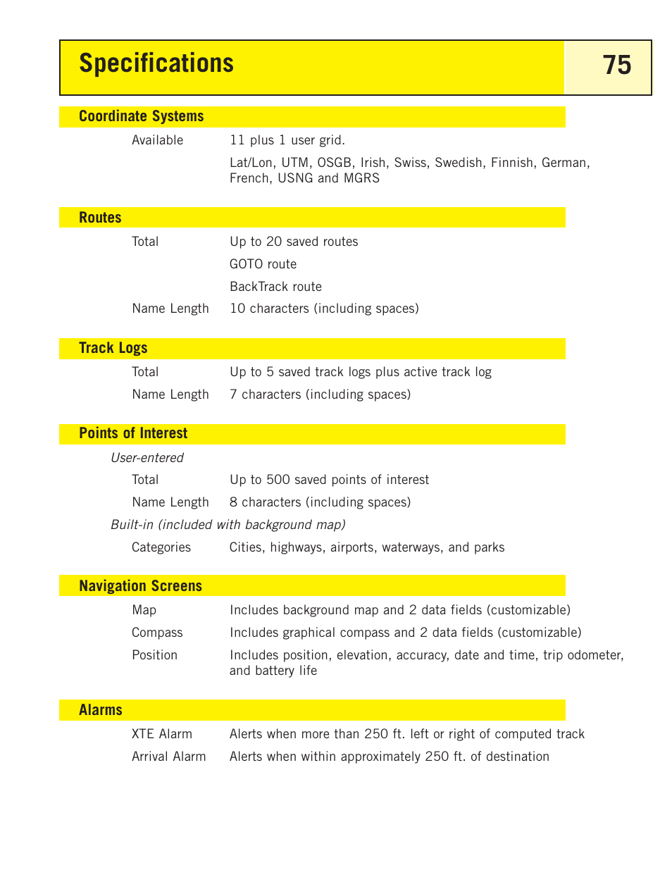 Coordinate systems, Routes, Track logs | Points of interest, Navigation screens, Alarms, Specifications 75 | Magellan eXplorist 200 User Manual | Page 80 / 83
