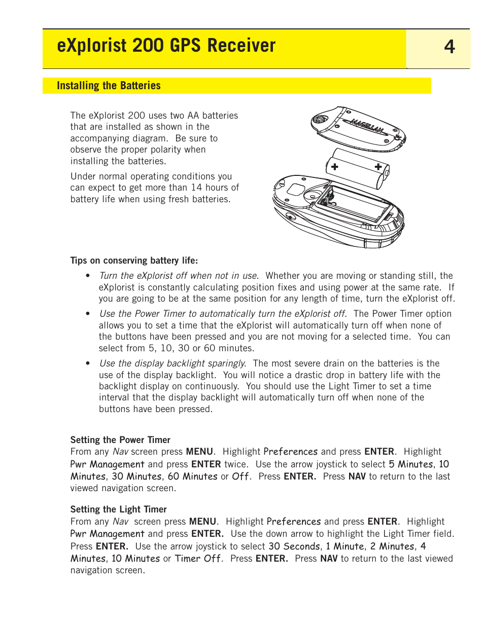 Installing the batteries, Explorist 200 gps receiver 4 | Magellan eXplorist 200 User Manual | Page 9 / 83