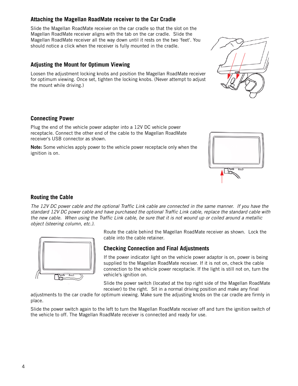 Adjusting the mount for optimum viewing, Connecting power, Routing the cable | Checking connection and final adjustments | Magellan RoadMate 147x Series User Manual | Page 12 / 48