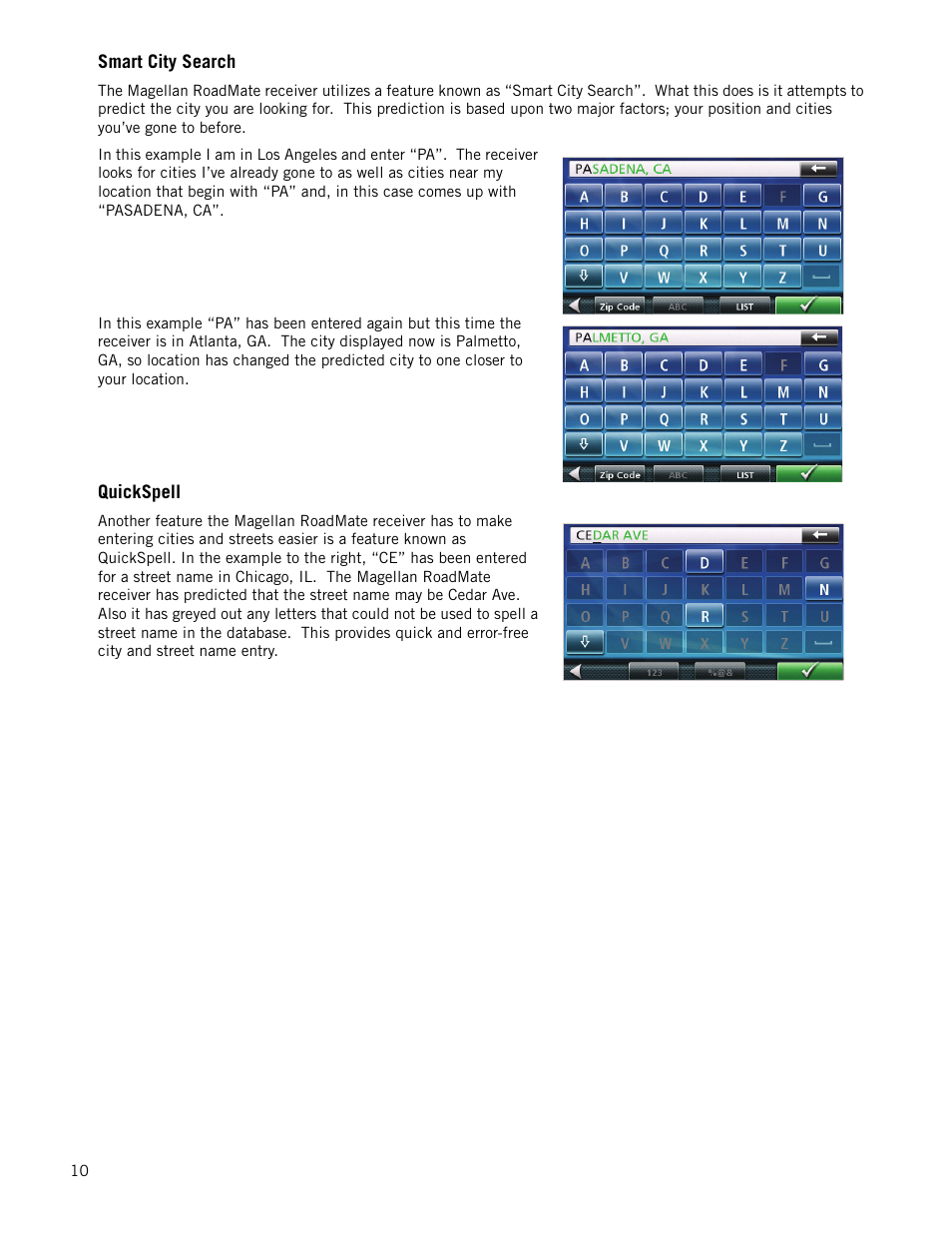 Smart city search, Quickspell | Magellan RoadMate 147x Series User Manual | Page 18 / 48