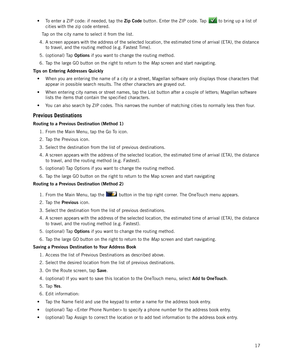 Tips on entering addresses quickly, Previous destinations, Routing to a previous destination (method 1) | Routing to a previous destination (method 2), Saving a previous destination to your address book | Magellan RoadMate 147x Series User Manual | Page 25 / 48