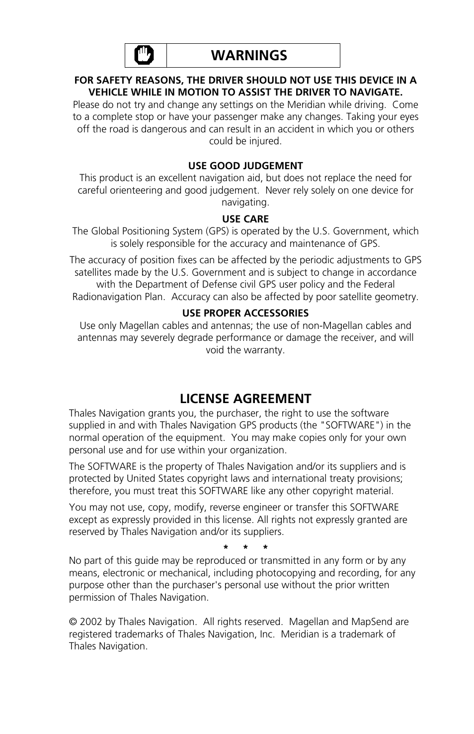 Warnings, License agreement | Magellan meridian series User Manual | Page 2 / 102