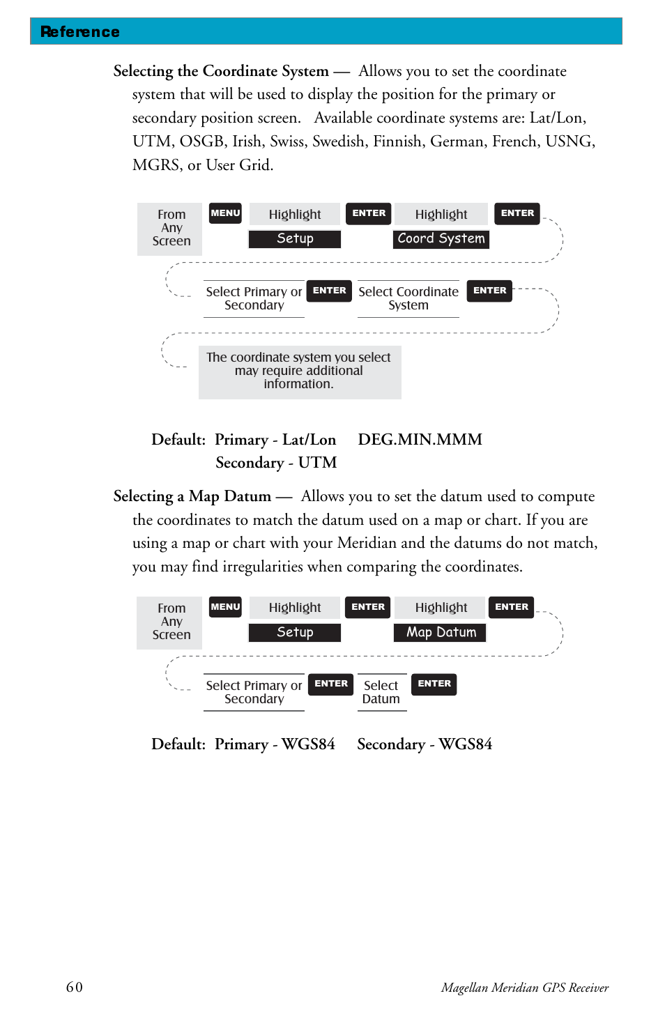 Default: primary - wgs84 secondary - wgs84 | Magellan meridian series User Manual | Page 68 / 102