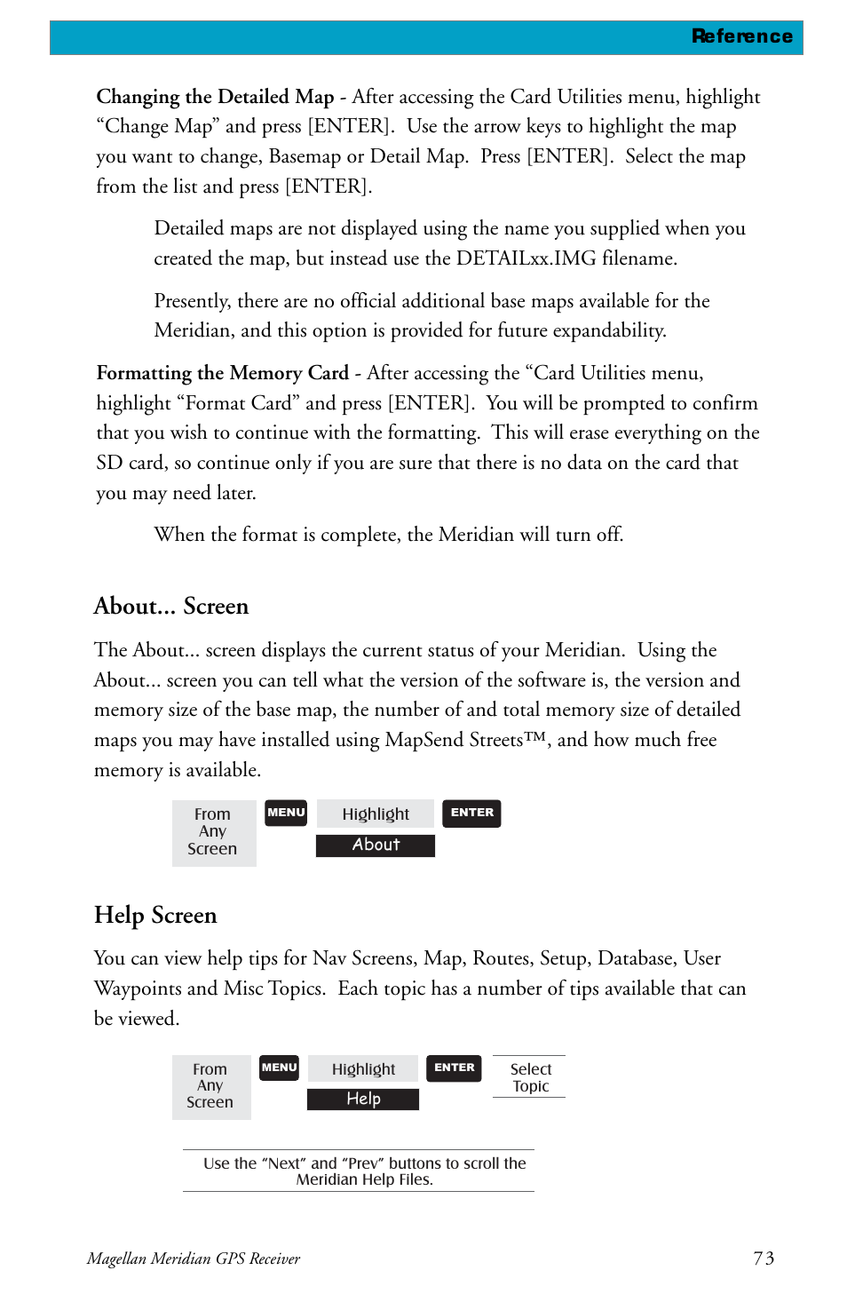 About... screen, Help screen | Magellan meridian series User Manual | Page 81 / 102