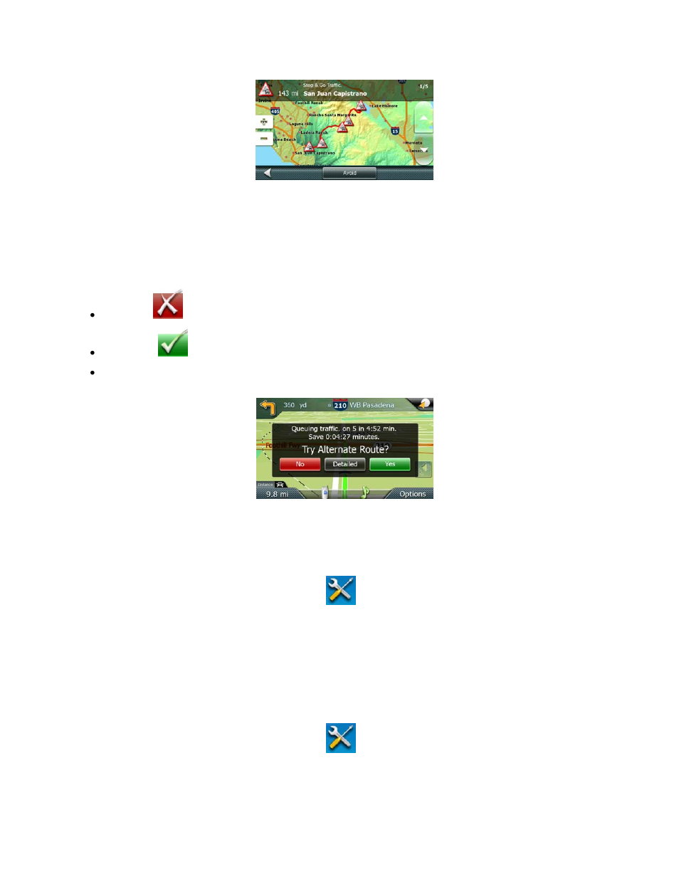 Traffic events in route calculation, Displaying and suppressing traffic events, Using and ignoring traffic events | Lation, Traffic events in route calcu | Magellan Maestro 4370 User Manual | Page 58 / 77