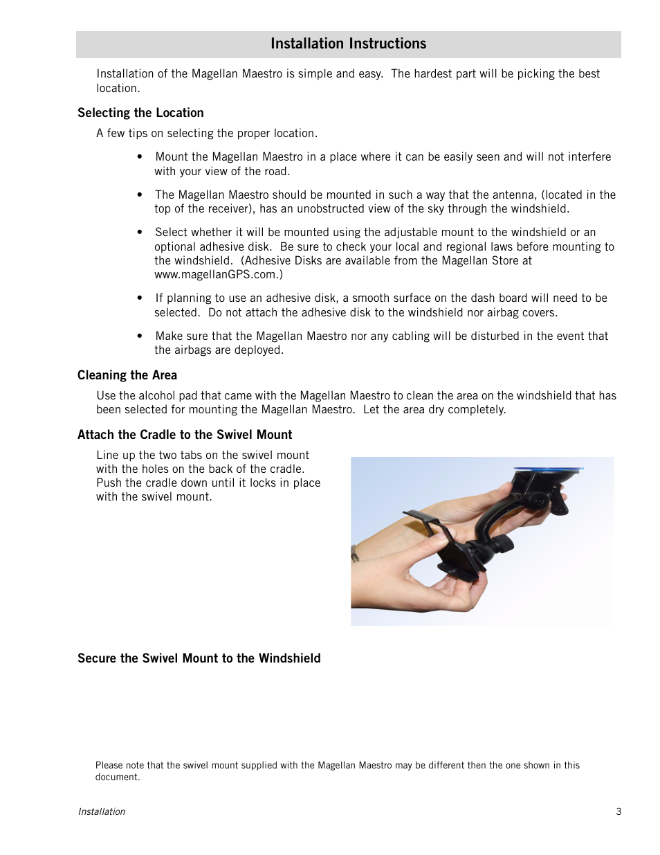 Installation instructions, Selecting the location, Cleaning the area | Attach the cradle to the swivel mount, Secure the swivel mount to the windshield | Magellan Maestro 4245 User Manual | Page 12 / 70